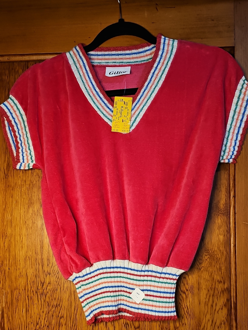 Vintage 70s 80s Hot Pink Velour Striped Knit Top, NWT, Disco, Athleisure